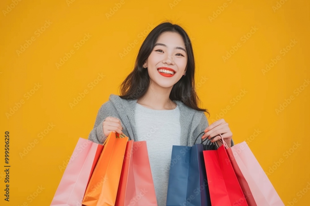 A young woman is smiling cheerfully while holding a variety of colorful shopping bags in front of a yellow background. A young woman is smiling cheerfully while holding a variety of colorful shopping bags in front of a yellow background.