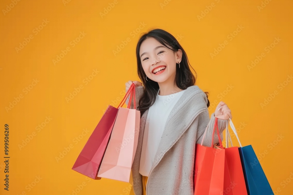 A young woman with a cheerful expression, holding multiple colorful shopping bags, against a vibrant yellow background. A young woman with a cheerful expression, holding multiple colorful shopping bags, against a vibrant yellow background.