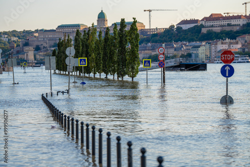 Photography Budapest, Hungary - September 19, 2024: Rising Waters Flood the Highway Outside Budapest's Parliament in the Aftermath of Storm 'Boris'