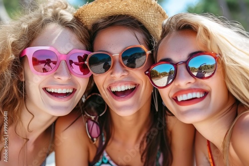 Three young women wearing sunglasses are smiling and having fun. They look carefree and happy in this joyful portrait