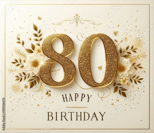 Elegant golden 80 birthday card adorned with flowers and sparkles.