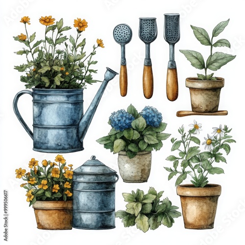 Charming Garden Tools and Potted Plants Illustration