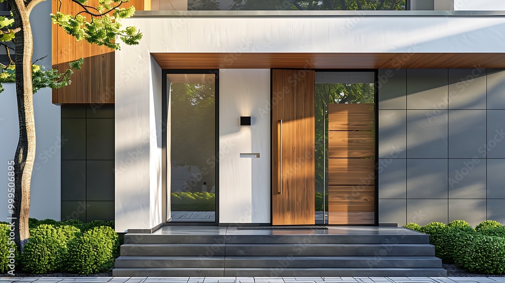 The front door of a modern house near the sidewalk