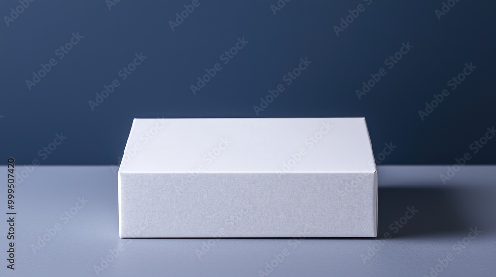 A minimalist, white rectangular box sits on a gray surface against a dark background, emphasizing simplicity and clean design.