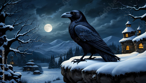 Raven sitting on a skull, dark fantasy, winter, snow, night, moon