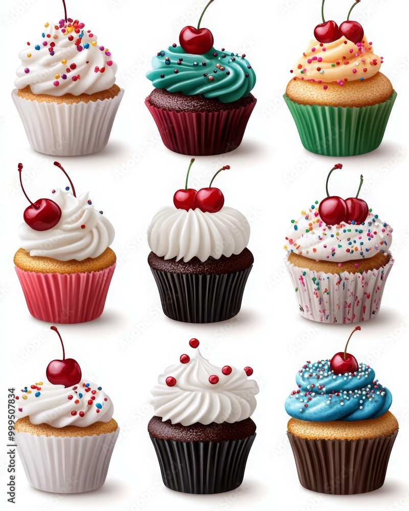 Colorful Cupcakes Topped with Cherries and Sprinkles Colorful Cupcakes Topped with Cherries and Sprinkles