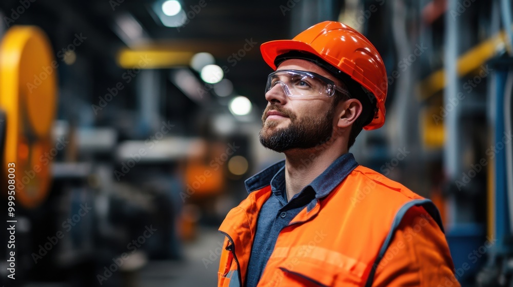 Industrial Worker in Safety Gear Inspects Workspace Industrial Worker in Safety Gear Inspects Workspace