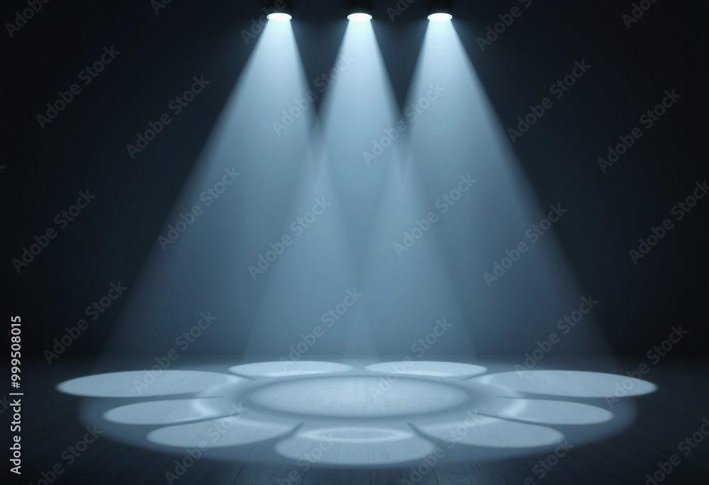 Three spotlights illuminating a dark room, casting circular beams of light on the floor. Three spotlights illuminating a dark room, casting circular beams of light on the floor.