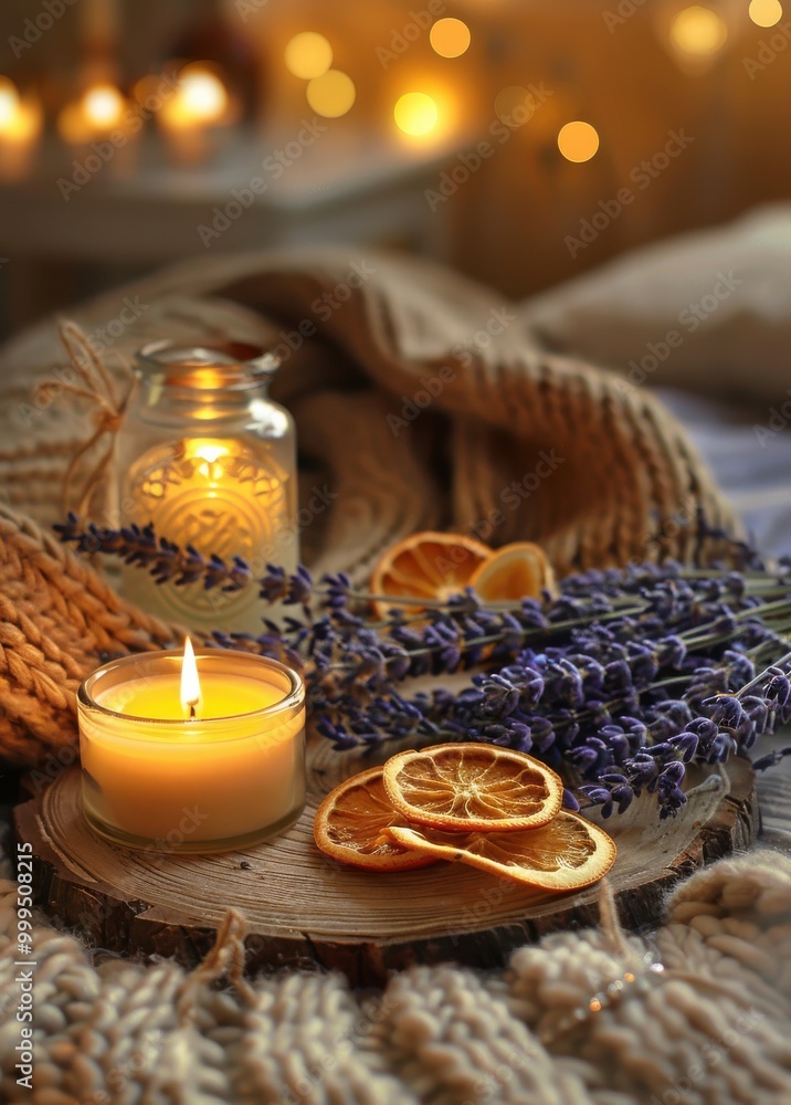 A beautiful and elegant candle displayed on an old wooden tray, surrounded by dried orange slices, lavender flowers. Cozy autumn atmosphere A beautiful and elegant candle displayed on an old wooden tray, surrounded by dried orange slices, lavender flowers. Cozy autumn atmosphere