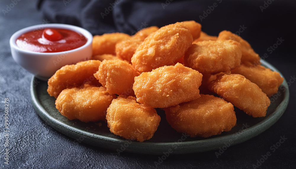 Chicken nuggets, tomato sauce. Delicious and crispy chicken meal with ketchup. Convenience food Chicken nuggets, tomato sauce. Delicious and crispy chicken meal with ketchup. Convenience food