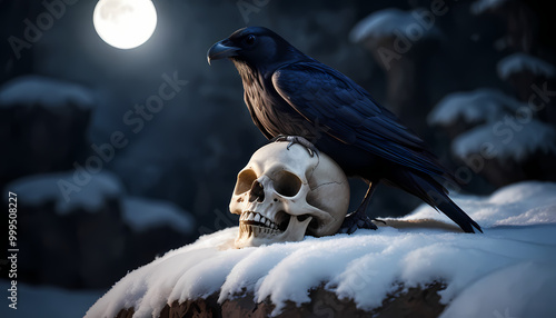 Raven sitting on a skull, dark fantasy, winter, snow, night, moon