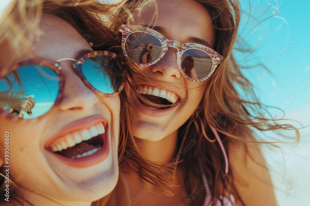Two young women, wearing sunglasses, are laughing together on a sunny day, they seem to be enjoying their time together and are radiating happiness. Two young women, wearing sunglasses, are laughing together on a sunny day, they seem to be enjoying their time together and are radiating happiness.