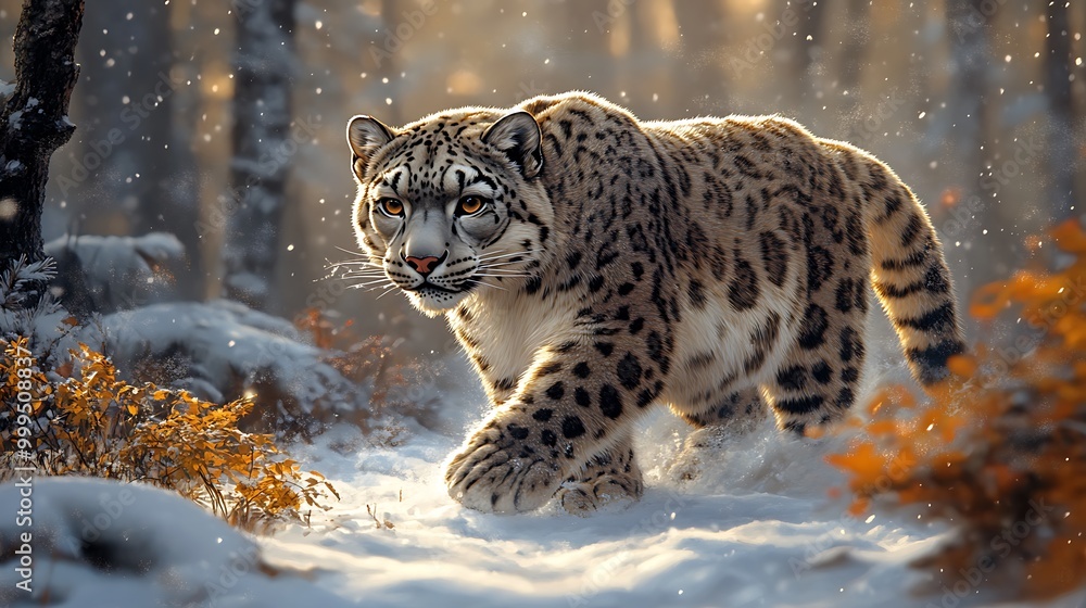 Obraz premium A majestic snow leopard walks through a snowy forest, its fur blending with the white landscape.