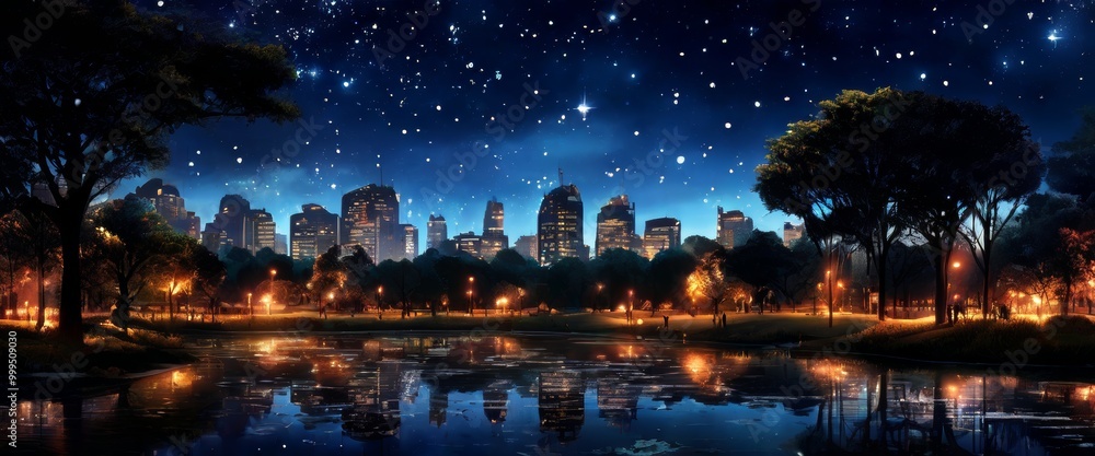 A tranquil park reflects the lights of a distant city skyline under a vast, star-filled night sky. The serene atmosphere and calm water create a sense of peaceful solitude amidst the glow of the city A tranquil park reflects the lights of a distant city skyline under a vast, star-filled night sky. The serene atmosphere and calm water create a sense of peaceful solitude amidst the glow of the city