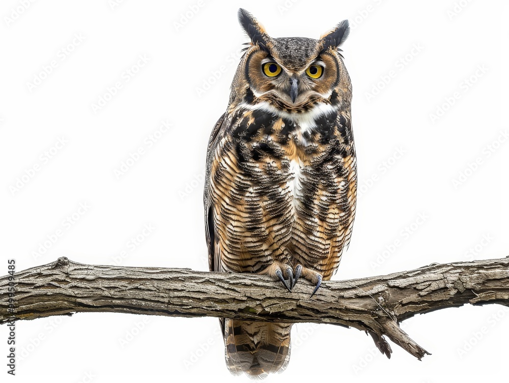 Naklejka premium Great Horned Owl Perched on a Branch Isolated On White