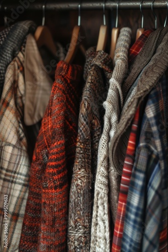 A photo of vintage on hangers, including an oversized brown sweater and plaid shirt. photo