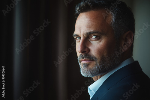 An attractive businessman in his late thirties. He is wearing a suit and a white shirt. He is smiling and looking directly at the camera. 