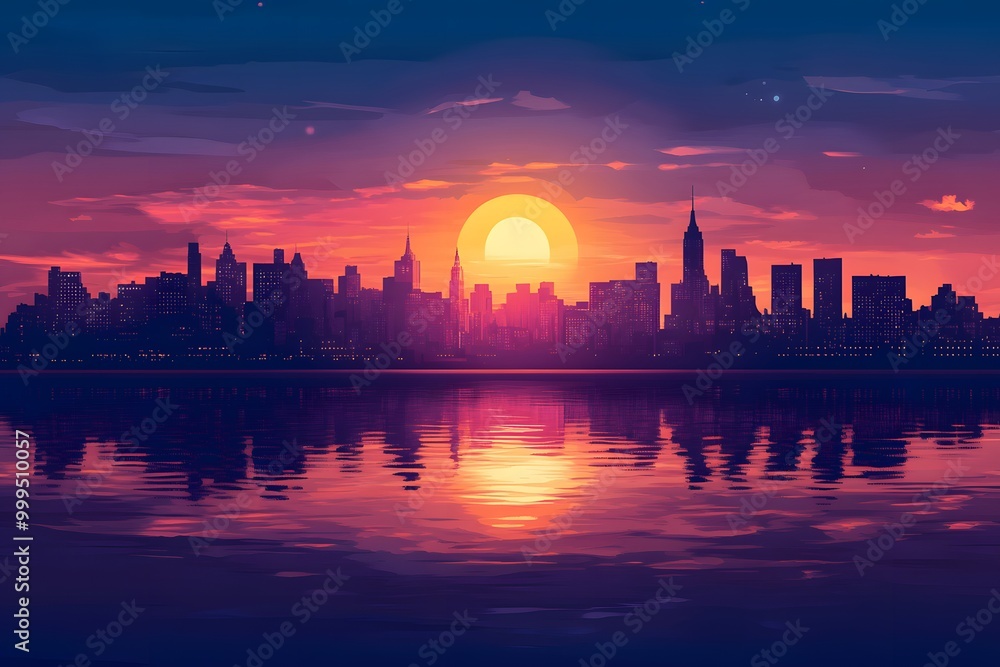 Fototapeta premium Silhouetted cityscape at sunset with a vibrant sky.