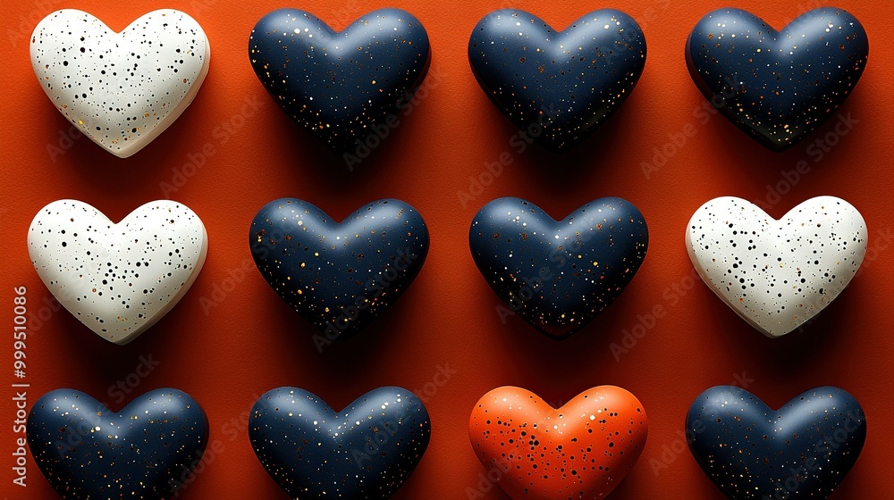 Obraz premium Heart-shaped chocolates arranged on a red-white table top
