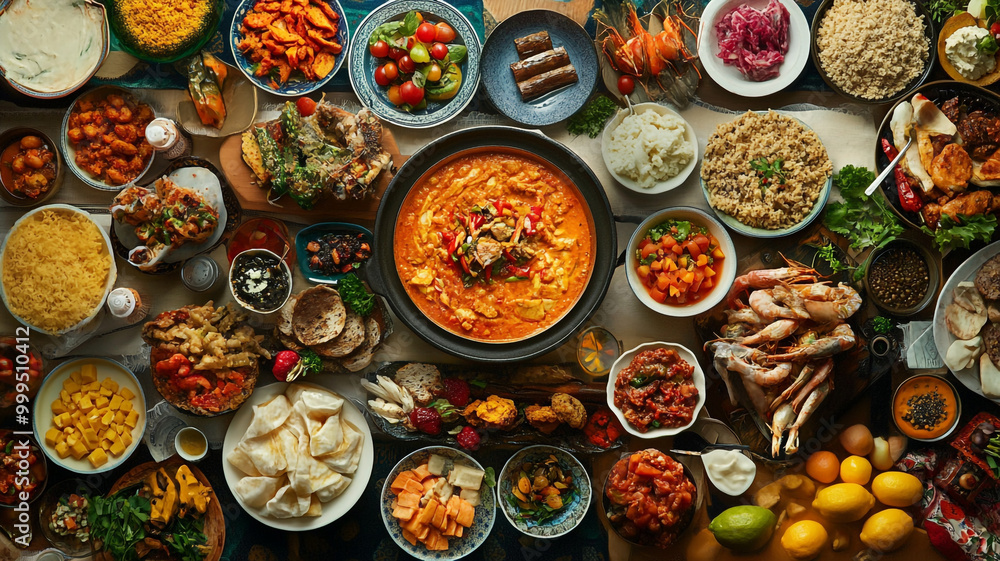 A vibrant spread of traditional dishes on a festive table setting during a celebratory gathering A vibrant spread of traditional dishes on a festive table setting during a celebratory gathering
