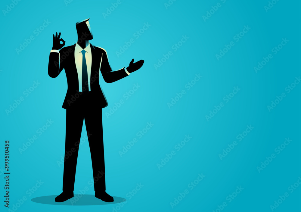 Confident businessman posing with an okay sign in his right hand while presenting with his left. Ideal for business presentations, corporate websites, marketing materials, or promotional content Confident businessman posing with an okay sign in his right hand while presenting with his left. Ideal for business presentations, corporate websites, marketing materials, or promotional content