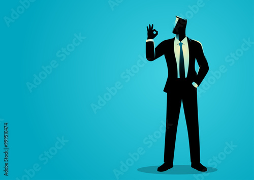 Vector illustration of a businessman confidently posing and gesturing an okay sign with his hand. Ideal for business, marketing, and corporate materials. Symbolizes approval, success, and confidence