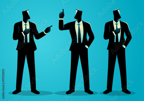 Various poses of businessman doing pointing gestures, vector illustration