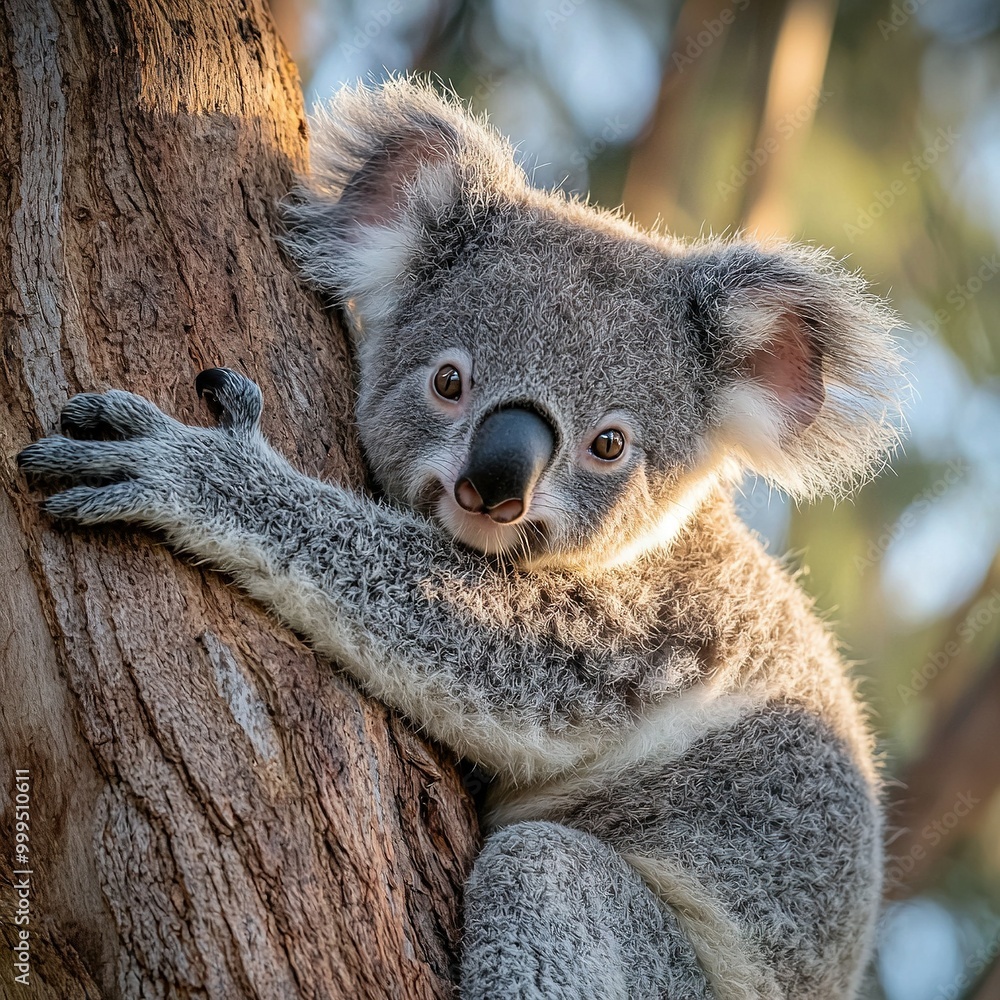 Naklejka premium A photo of a koala in focus on a tree limb, holding onto it with its paws