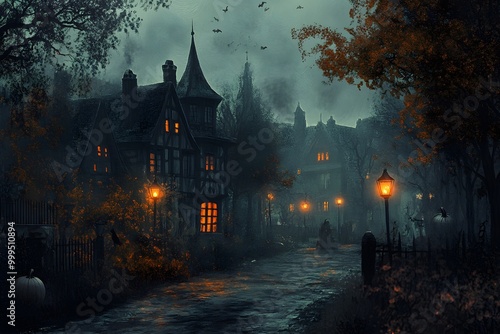 A misty, eerie street lined with old houses and lit by glowing lanterns.