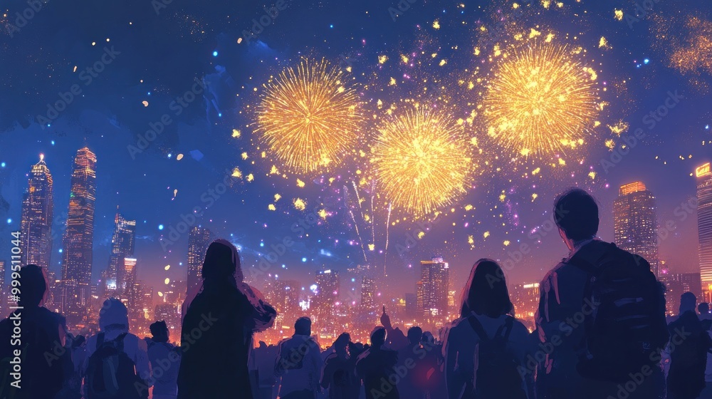 Naklejka premium Fireworks Display Over Cityscape