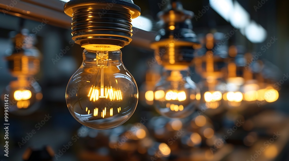 Close-up shot of a lightbulb with multiple filaments inside, lit and hanging in a factory setting, creating a warm and industrial atmosphere. Close-up shot of a lightbulb with multiple filaments inside, lit and hanging in a factory setting, creating a warm and industrial atmosphere.