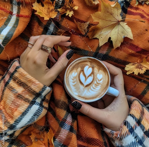  A top view of woman in knitted sweater holding coffee mug in her arms, sorrounded by autumn elements photo