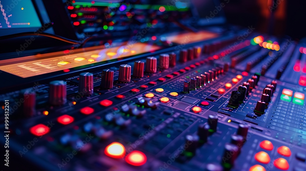 Close-up of an audio mixing console with knobs, faders and buttons, showcasing the intricate details of a sound engineer's tools. Close-up of an audio mixing console with knobs, faders and buttons, showcasing the intricate details of a sound engineer's tools.