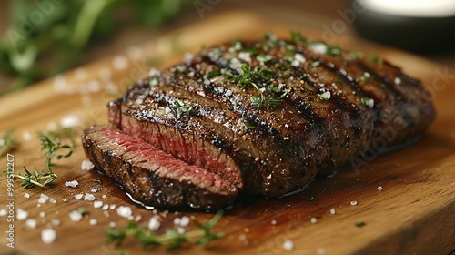  A perfectly cooked steak resting atop a wooden chopping block alongside a sharp knife and a vibrant sprig of parsley