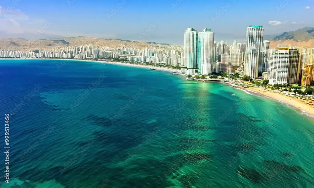 Aerial View of a Coastal City with High-Rise Buildings and a Beach Aerial View of a Coastal City with High-Rise Buildings and a Beach