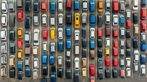 An aerial view of a crowded parking lot with cars neatly lined up, demonstrating patterns and organization in public parking areas photo