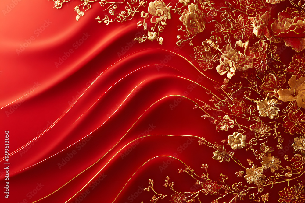 A red background with golden gradient wave lines as decoration on the right side A red background with golden gradient wave lines as decoration on the right side
