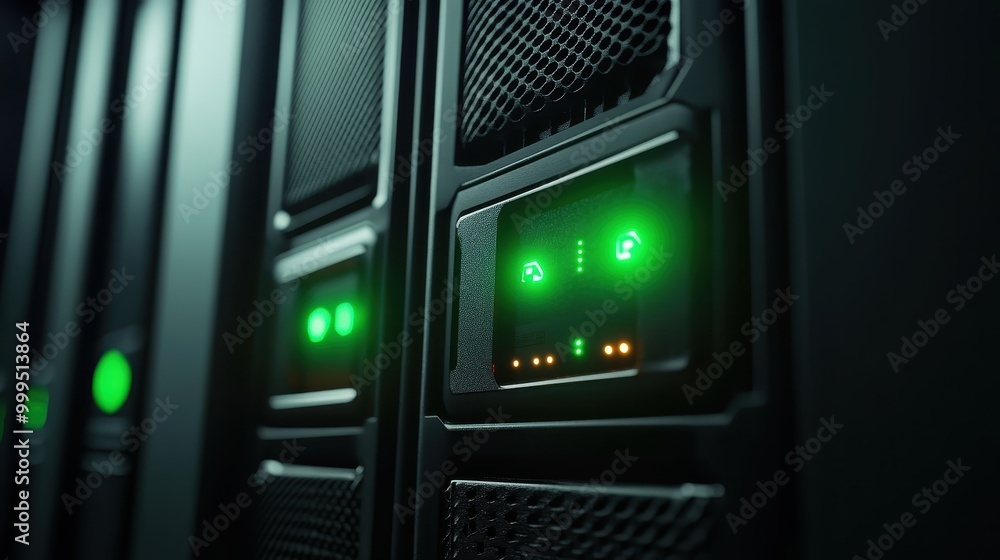 Close-Up of Modern Data Center Server Racks with Green LED Lights Indicating Active Status Close-Up of Modern Data Center Server Racks with Green LED Lights Indicating Active Status