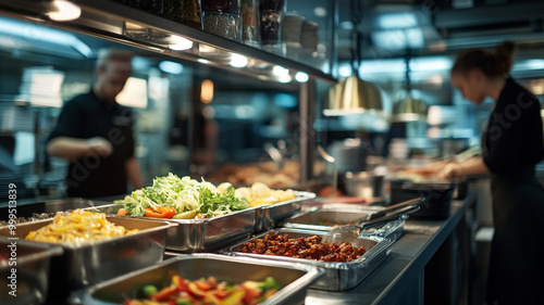 Culinary staff preparing diverse dishes in a bustling restaurant kitchen during dinner service