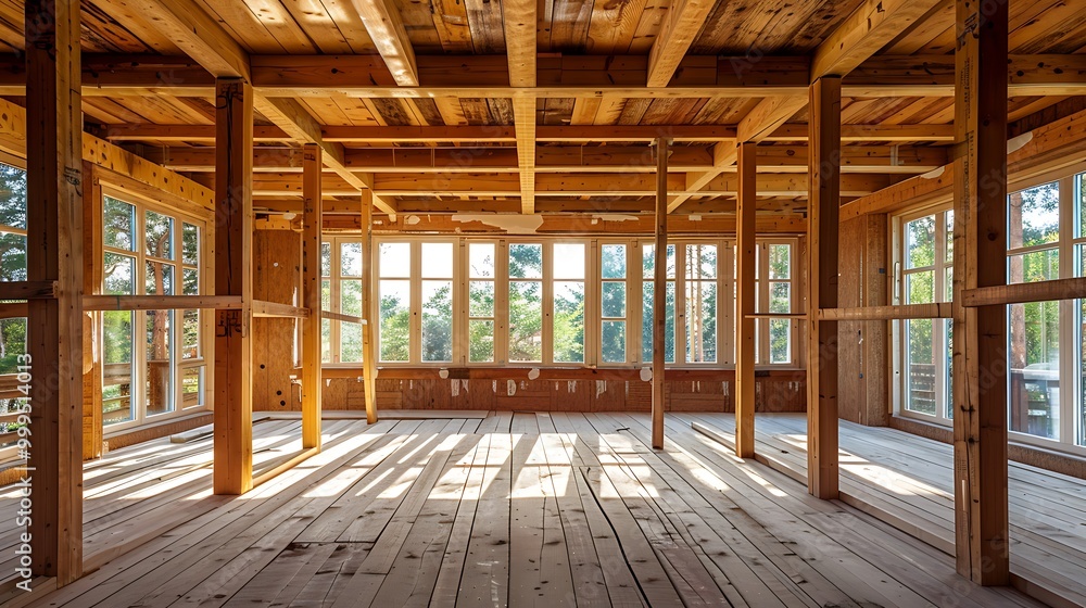 The interior of a wooden house under construction The interior of a wooden house under construction