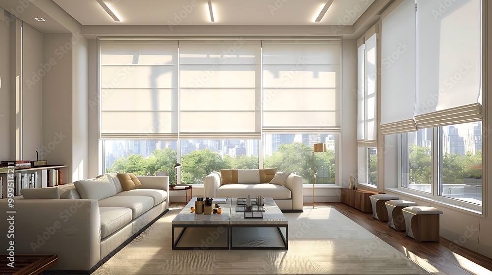 The interior window has huge roller shades