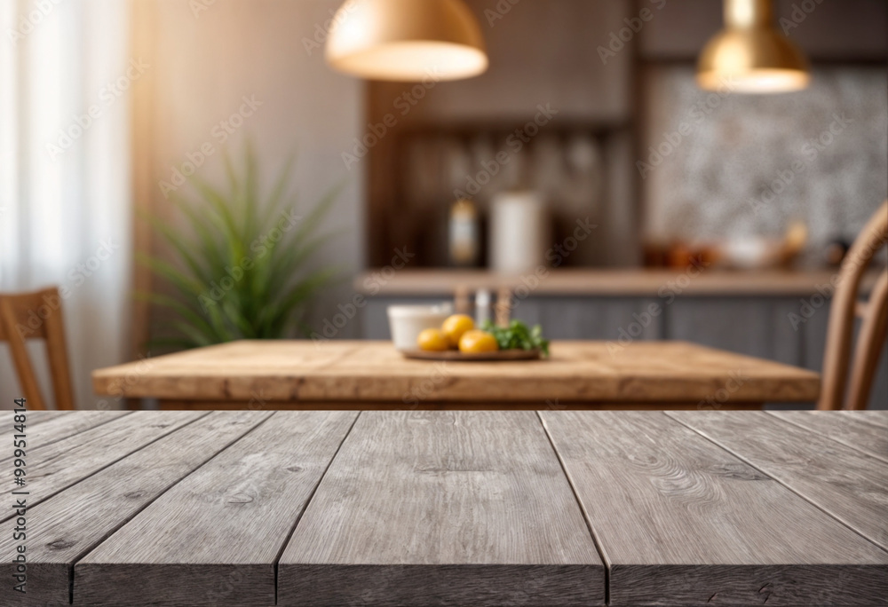 Wood table top on blurred kitchen background. can be used mock up for montage products display or design layout Wood table top on blurred kitchen background. can be used mock up for montage products display or design layout