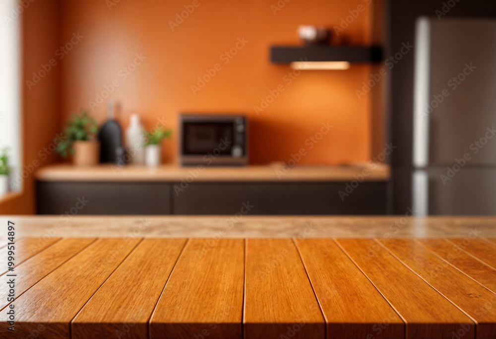 Wood table top on blurred kitchen background. can be used mock up for montage products display or design layout Wood table top on blurred kitchen background. can be used mock up for montage products display or design layout