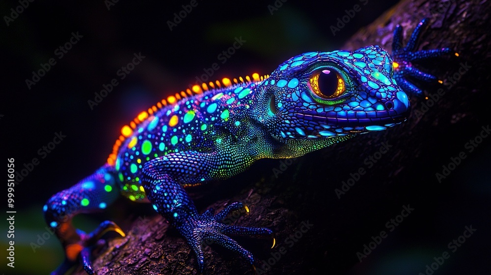 Obraz premium A close-up of a lizard on a tree branch with a colorful light illuminating its body and head