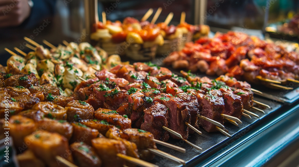 Grilled meat skewers displayed at a vibrant outdoor market during a sunny afternoon Grilled meat skewers displayed at a vibrant outdoor market during a sunny afternoon