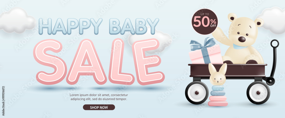 Obraz premium 3d Baby and kid clothes and toy sale discount banner with cute bear, toy and gift box in toy wagon for the online post template, sales promotion, clearance store, social media, kid shop. vector