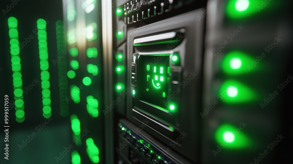 Close-Up of Modern Data Center Server Rack with Green LED Lights in a High-Tech Environment Close-Up of Modern Data Center Server Rack with Green LED Lights in a High-Tech Environment