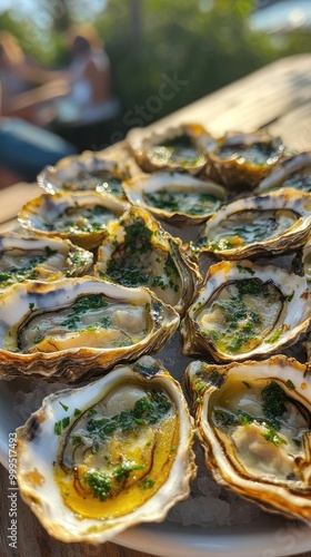 Freshly Prepared Oysters with Herb Garnish on a Plate in Outdoor Setting with Sunlight photo