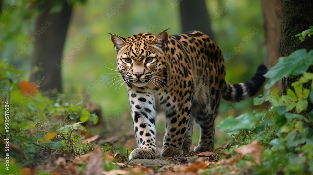 Obraz premium Amur leopard cat Prionailurus bengalensis euptilurus in forest