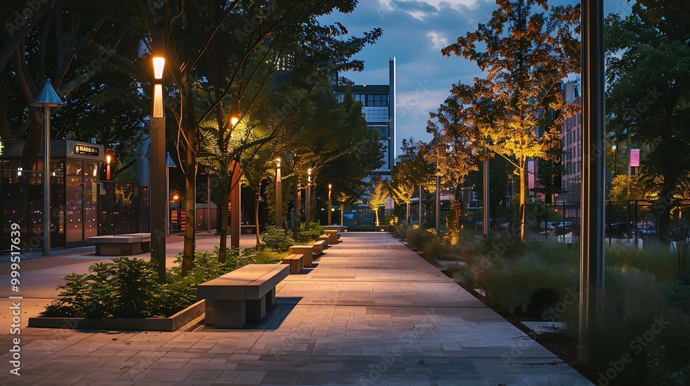 Serene night scene of a city park with streetlights illuminating a walkway lined with trees and benches